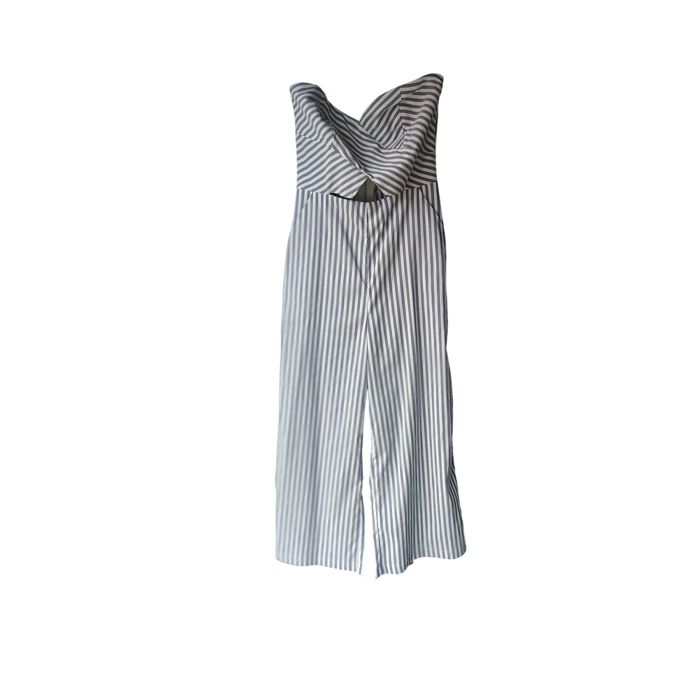 Fashion Nova Strapless Striped Jumpsuit Blue White Cutout Wide Leg Small